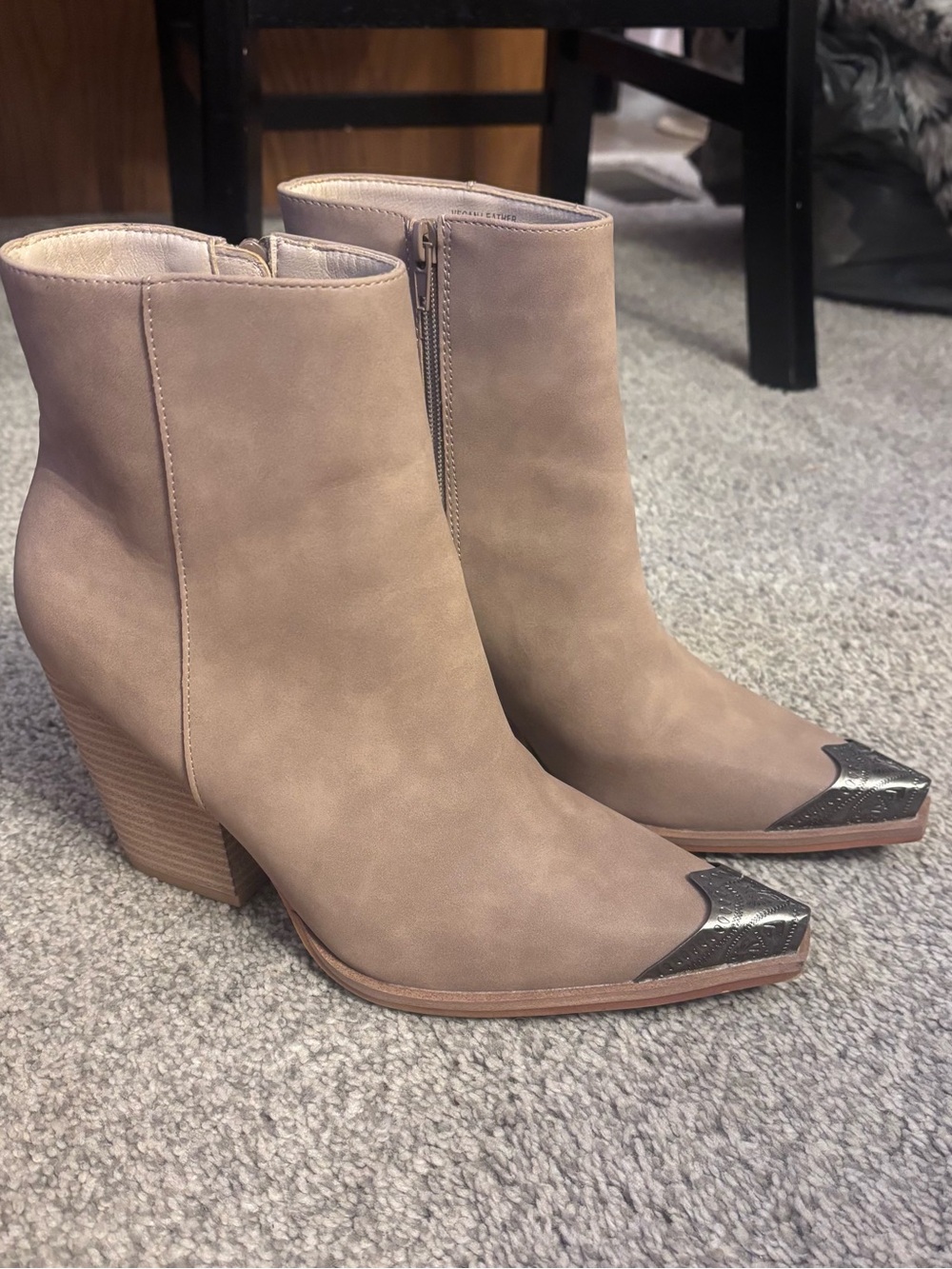 Taupe Ankle Booties with Metallic Black Toe Caps